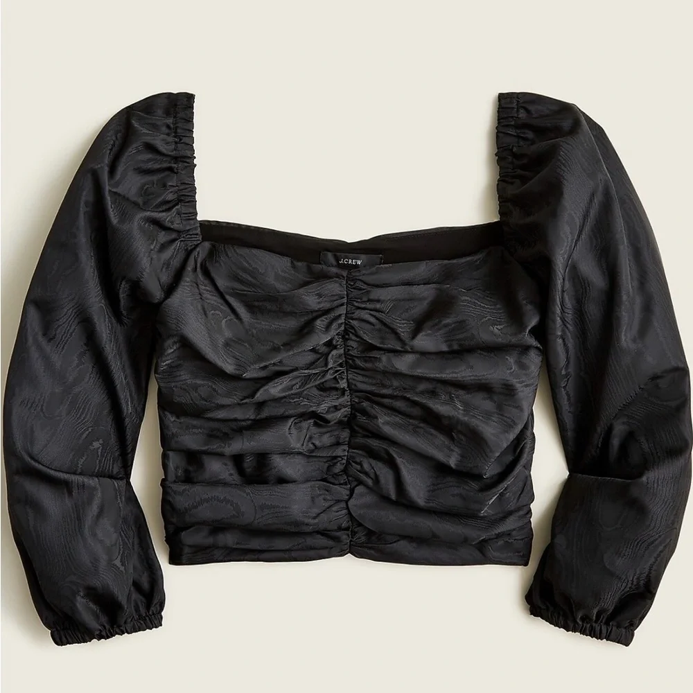 J.Crew NWT size 12 Ruched Puff Sleeve Cropped Top Black Long Sleeve Off Shoulder